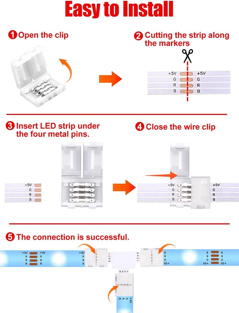 Ledagic T Shape LED Strip Connectors 5-Pcs with 15Pcs Clips, Unwired Solderless LED Light Connectors for 8mm Wide 4-Pin Strip Lights - Image 3